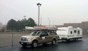 The 2 Paddling 5 truck, kayaks and trailer at Port Huron, Michigan. 