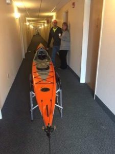 Kayak in hotel hallway.
