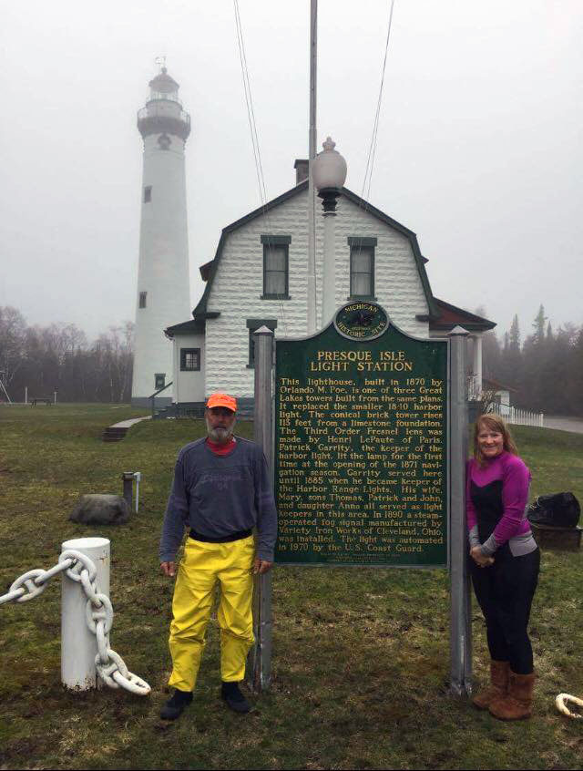 Joe and Peggy posing by the Presque Isle Light Station.