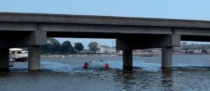 Kayaking out at Kewaunee, Wisconsin under a bridge.