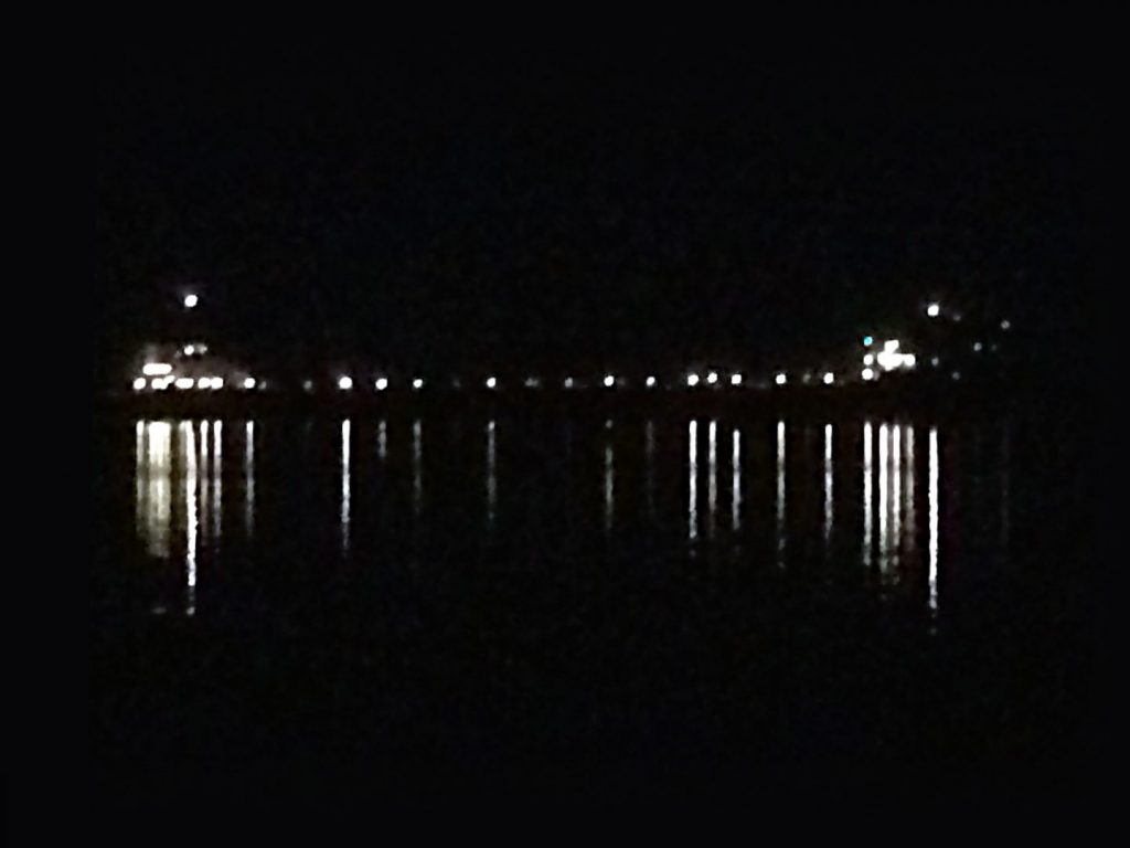 Large ship all lit up at night viewed from Dunbar Park, Michigan.