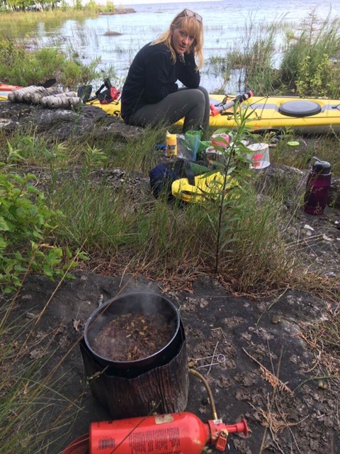 Peggy eating a supper of Native brand wild rice.