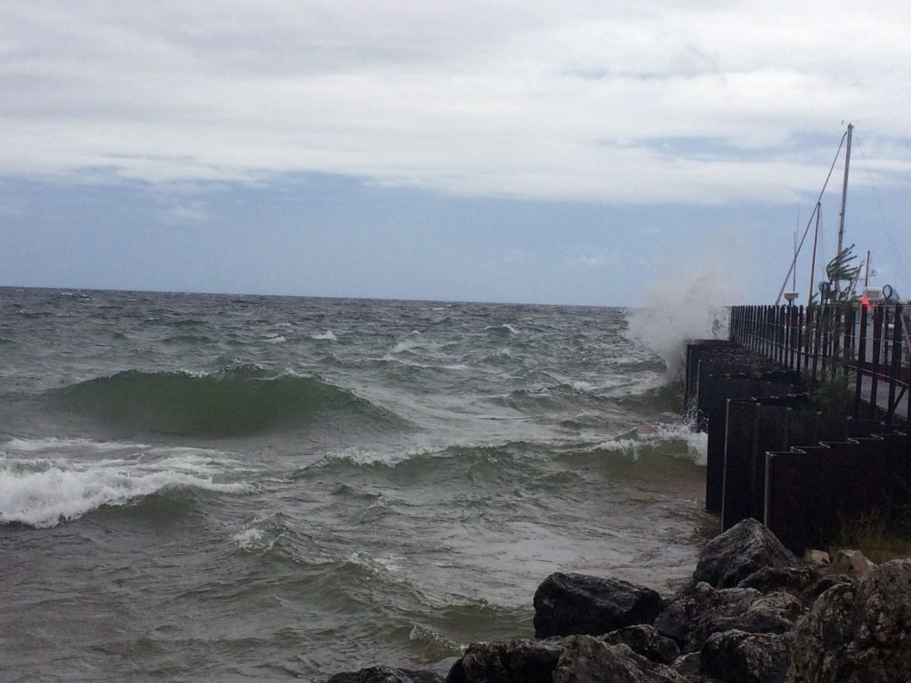 Rough waves on Lake Superior at Whitefish Point Harbor, Michigan.